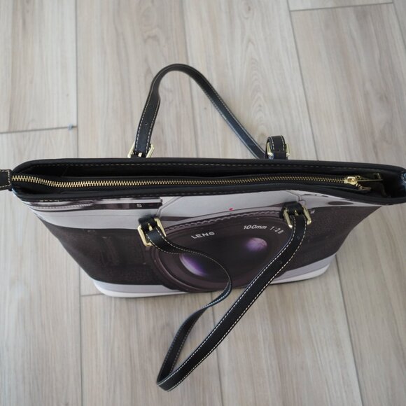 Elevated Indie Camera Lens Print Tote Bag with Zipper top, pockets metal feet - Picture 6 of 11